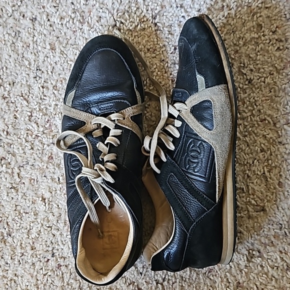 CHANEL Shoes - Chanel Black Cream Suede Sneakers Shoes Sz. 38